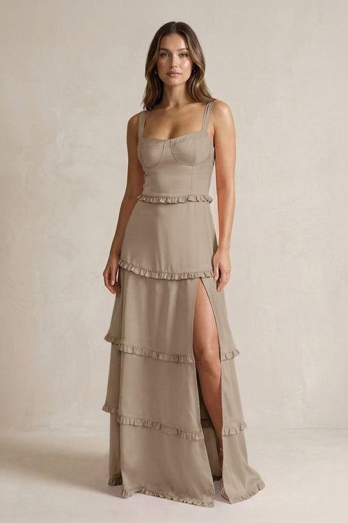 Tiered Ruffled A - Line Bridesmaid Dress With Slit in Almond - KISS BRIDAL Bridesmaid Dresses