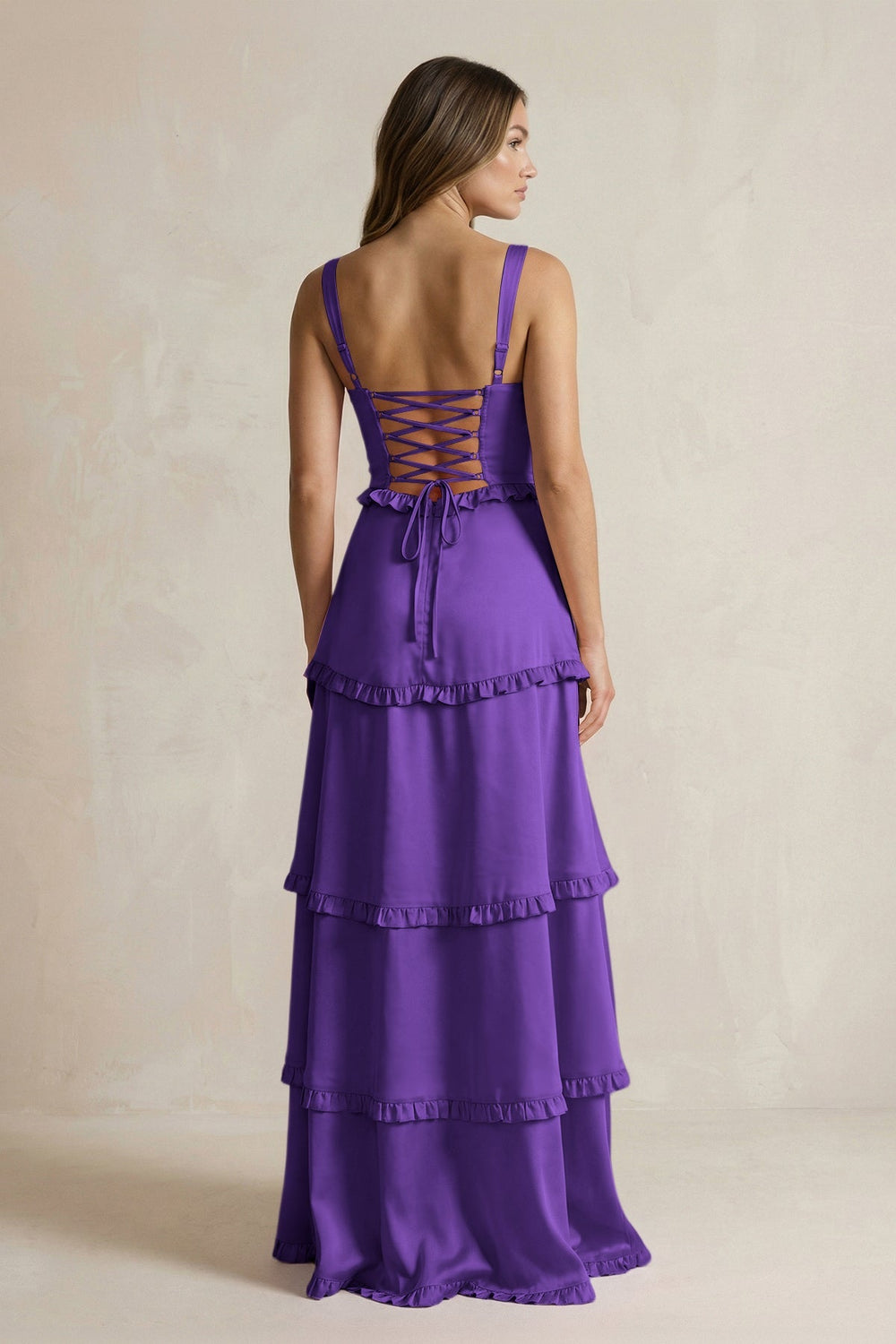 Tiered Ruffled A - Line Bridesmaid Dress With Slit in Amethyst - KISS BRIDAL Bridesmaid Dresses