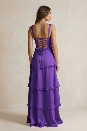 Tiered Ruffled A - Line Bridesmaid Dress With Slit in Amethyst - KISS BRIDAL Bridesmaid Dresses