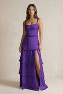 Tiered Ruffled A - Line Bridesmaid Dress With Slit in Amethyst - KISS BRIDAL Bridesmaid Dresses