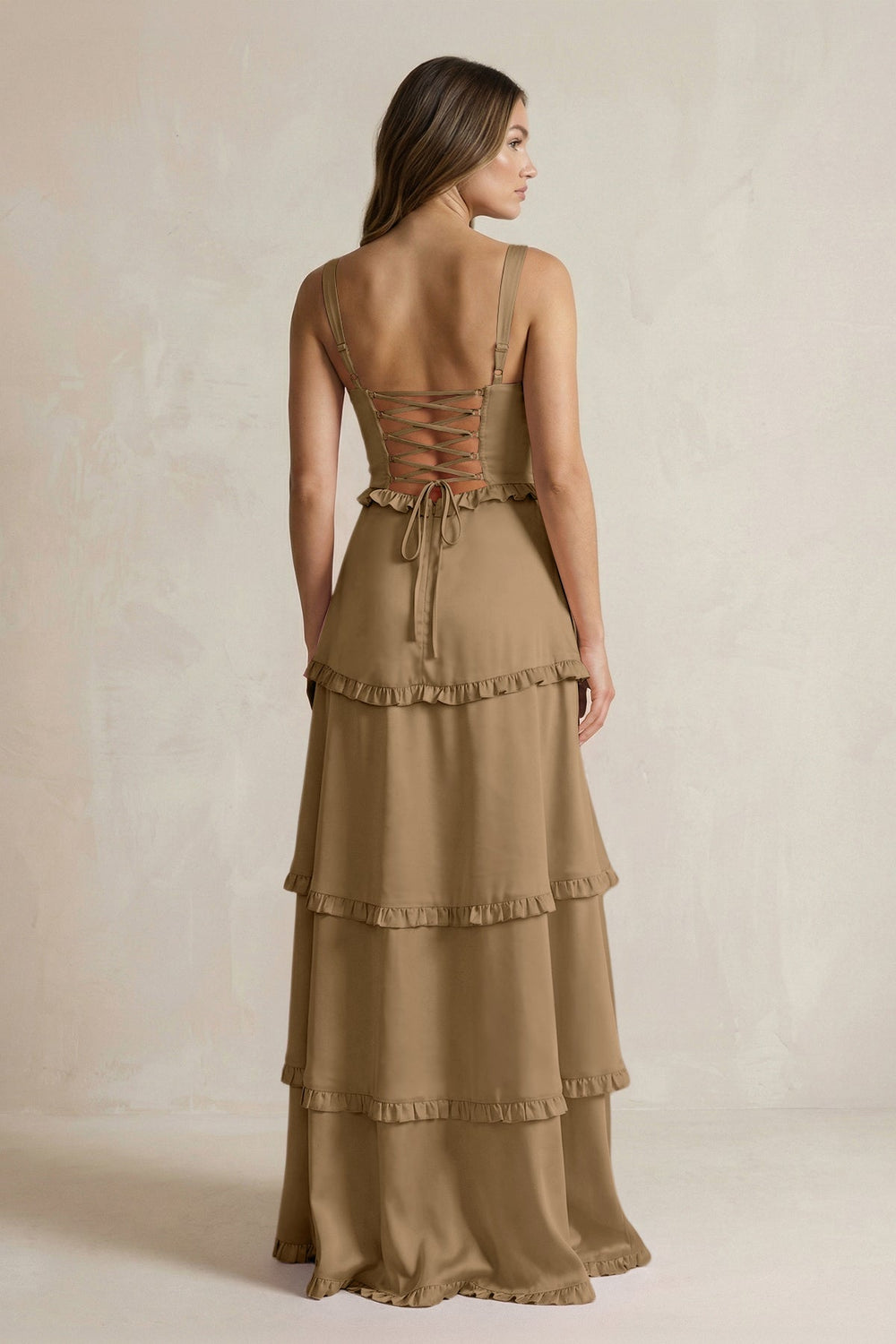 Tiered Ruffled A - Line Bridesmaid Dress With Slit in Apple Cinnamon - KISS BRIDAL Bridesmaid Dresses