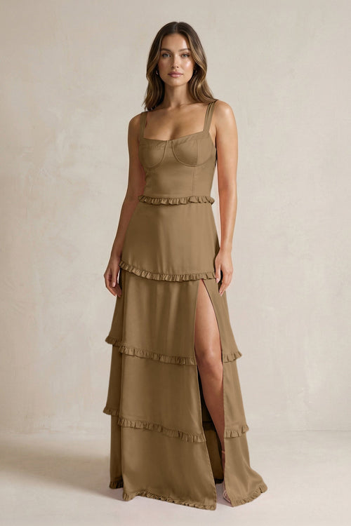 Tiered Ruffled A - Line Bridesmaid Dress With Slit in Apple Cinnamon - KISS BRIDAL Bridesmaid Dresses