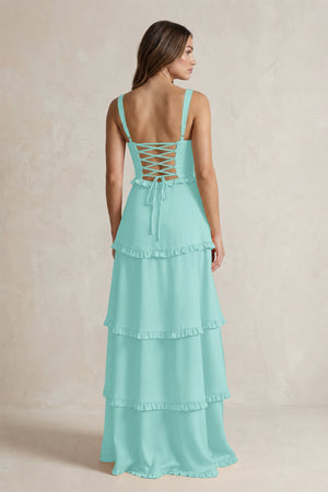 Tiered Ruffled A-Line Bridesmaid Dress With Slit in Aqua (2) | KISSBRIDAL