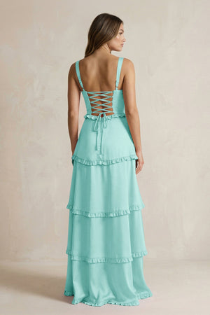 Tiered Ruffled A - Line Bridesmaid Dress With Slit in Aqua - KISS BRIDAL Bridesmaid Dresses
