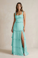 Tiered Ruffled A - Line Bridesmaid Dress With Slit in Aqua - KISS BRIDAL Bridesmaid Dresses