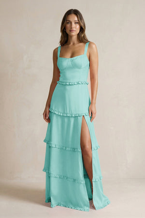Tiered Ruffled A - Line Bridesmaid Dress With Slit in Aqua - KISS BRIDAL Bridesmaid Dresses