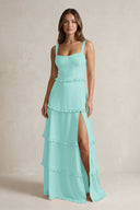 Tiered Ruffled A-Line Bridesmaid Dress With Slit in Aqua | KISSBRIDAL