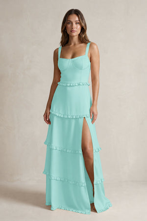 Tiered Ruffled A-Line Bridesmaid Dress With Slit in Aqua | KISSBRIDAL