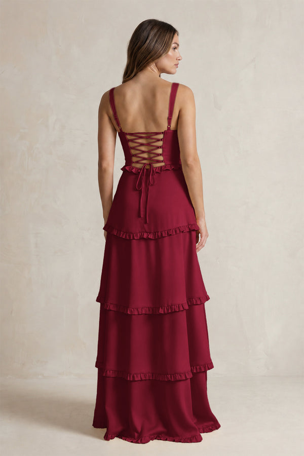 Tiered Ruffled A-Line Bridesmaid Dress With Slit in Berry (2) | KISSBRIDAL