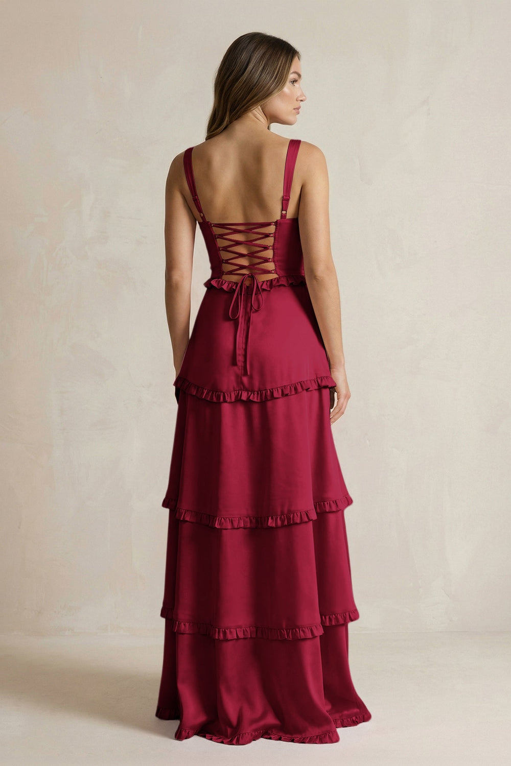 Tiered Ruffled A - Line Bridesmaid Dress With Slit in Berry - KISS BRIDAL Bridesmaid Dresses