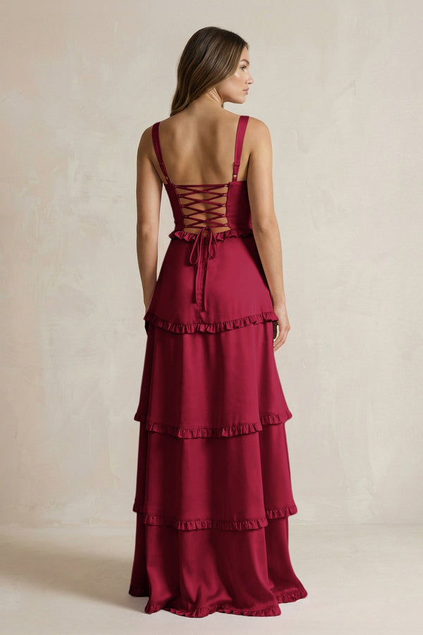 Tiered Ruffled A - Line Bridesmaid Dress With Slit in Berry - KISS BRIDAL Bridesmaid Dresses