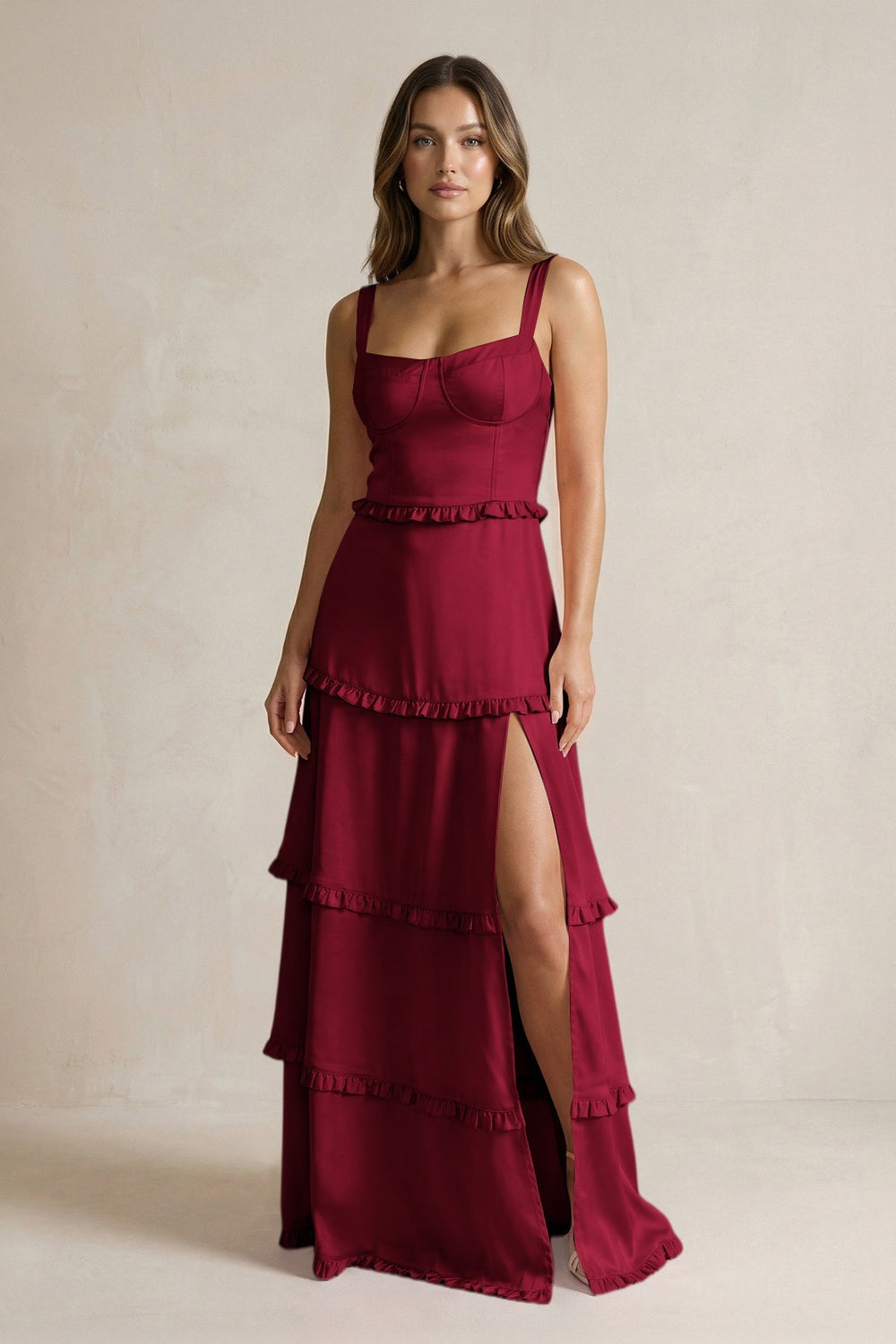 Tiered Ruffled A - Line Bridesmaid Dress With Slit in Berry - KISS BRIDAL Bridesmaid Dresses