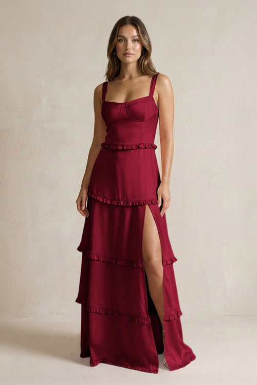 Tiered Ruffled A - Line Bridesmaid Dress With Slit in Berry - KISS BRIDAL Bridesmaid Dresses