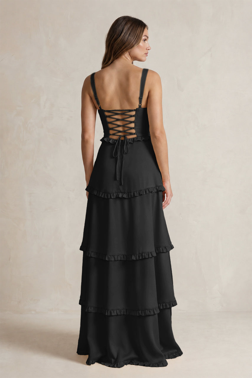 Tiered Ruffled A-Line Bridesmaid Dress With Slit in Black