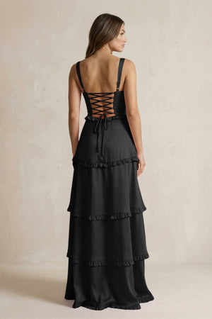 Tiered Ruffled A - Line Bridesmaid Dress With Slit in Black - KISS BRIDAL Bridesmaid Dresses