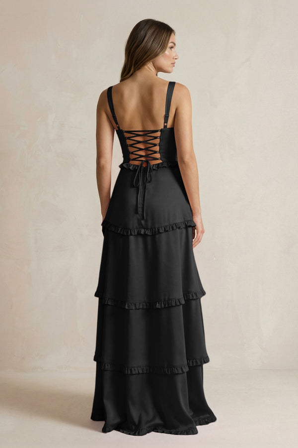 Tiered Ruffled A - Line Bridesmaid Dress With Slit in Black - KISS BRIDAL Bridesmaid Dresses