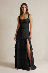 Tiered Ruffled A - Line Bridesmaid Dress With Slit in Black - KISS BRIDAL Bridesmaid Dresses