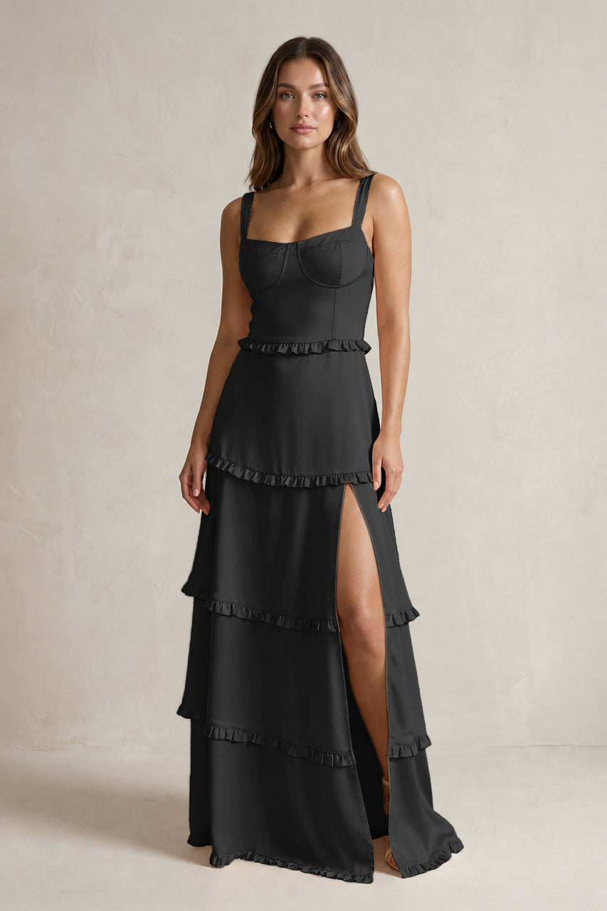 Tiered Ruffled A-Line Bridesmaid Dress With Slit in Black