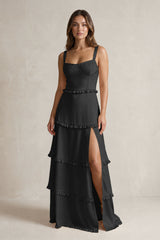 Tiered Ruffled A-Line Bridesmaid Dress With Slit in Black | KISSBRIDAL