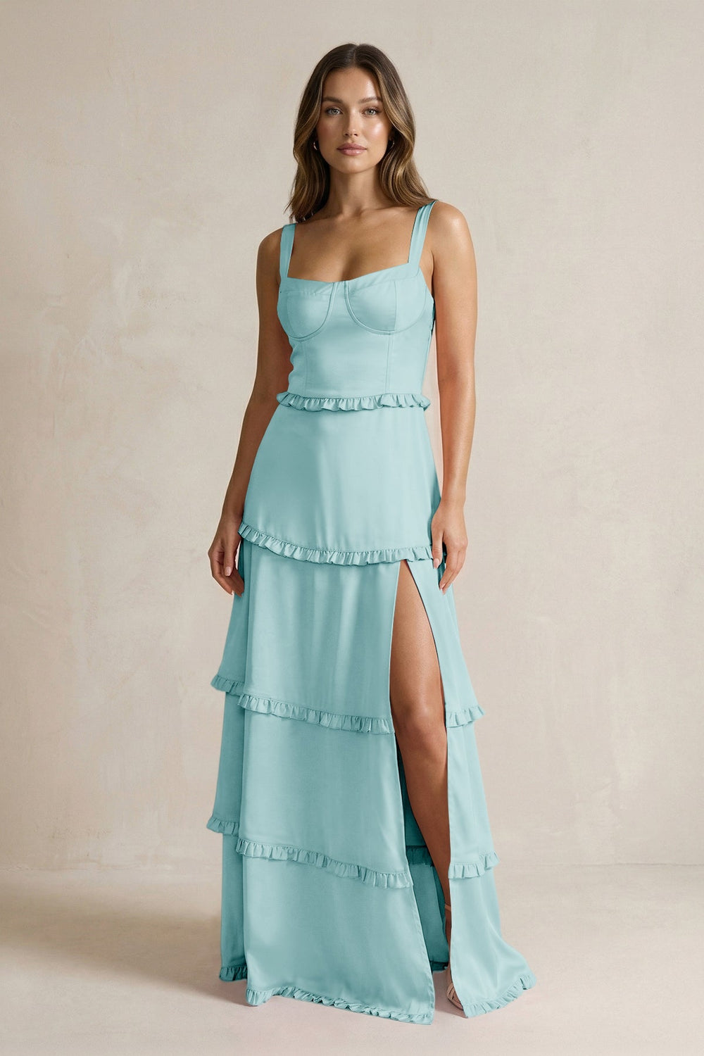 Tiered Ruffled A - Line Bridesmaid Dress With Slit in Bleached Aqua - KISS BRIDAL Bridesmaid Dresses
