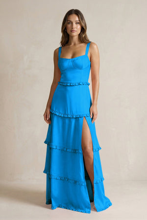 Tiered Ruffled A - Line Bridesmaid Dress With Slit in Blue Jay - KISS BRIDAL Bridesmaid Dresses