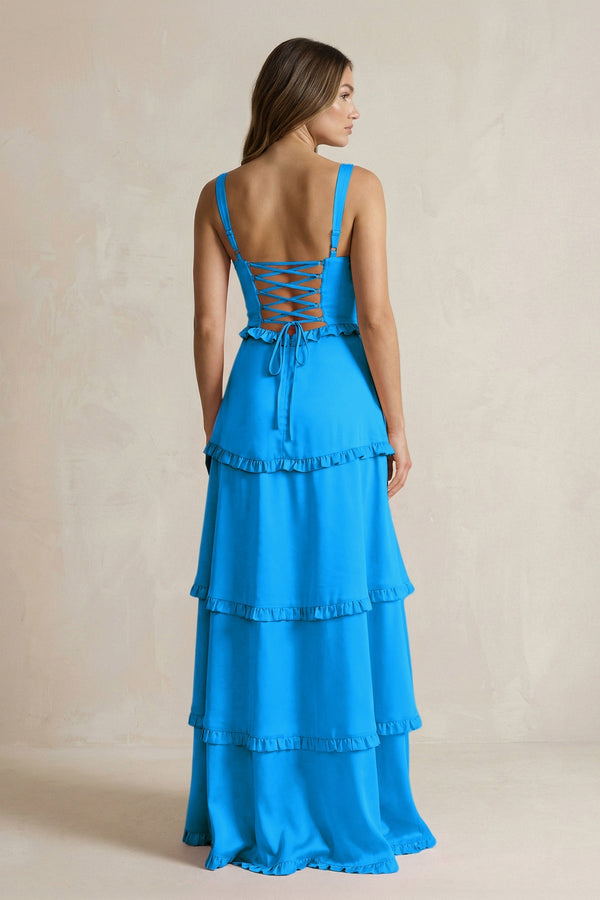 Tiered Ruffled A - Line Bridesmaid Dress With Slit in Blue Jay - KISS BRIDAL Bridesmaid Dresses