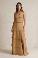 Tiered Ruffled A - Line Bridesmaid Dress With Slit in Bronzer - KISS BRIDAL Bridesmaid Dresses