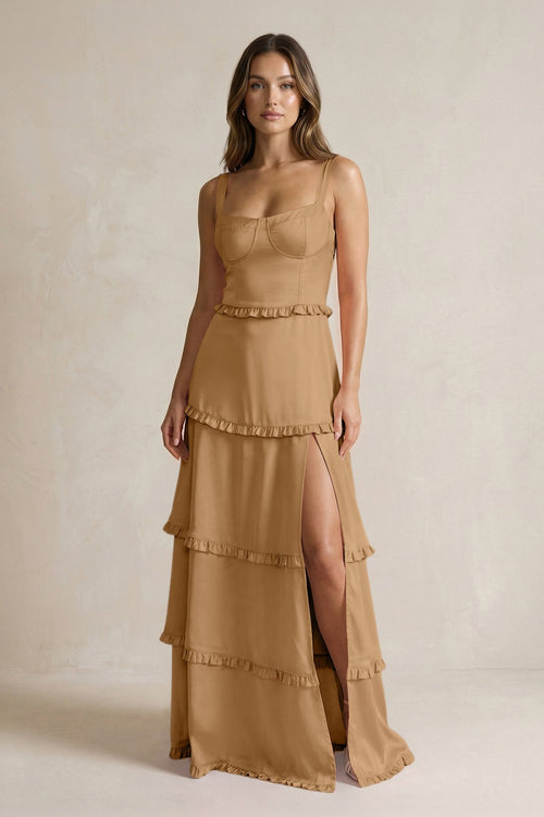Tiered Ruffled A - Line Bridesmaid Dress With Slit in Bronzer - KISS BRIDAL Bridesmaid Dresses