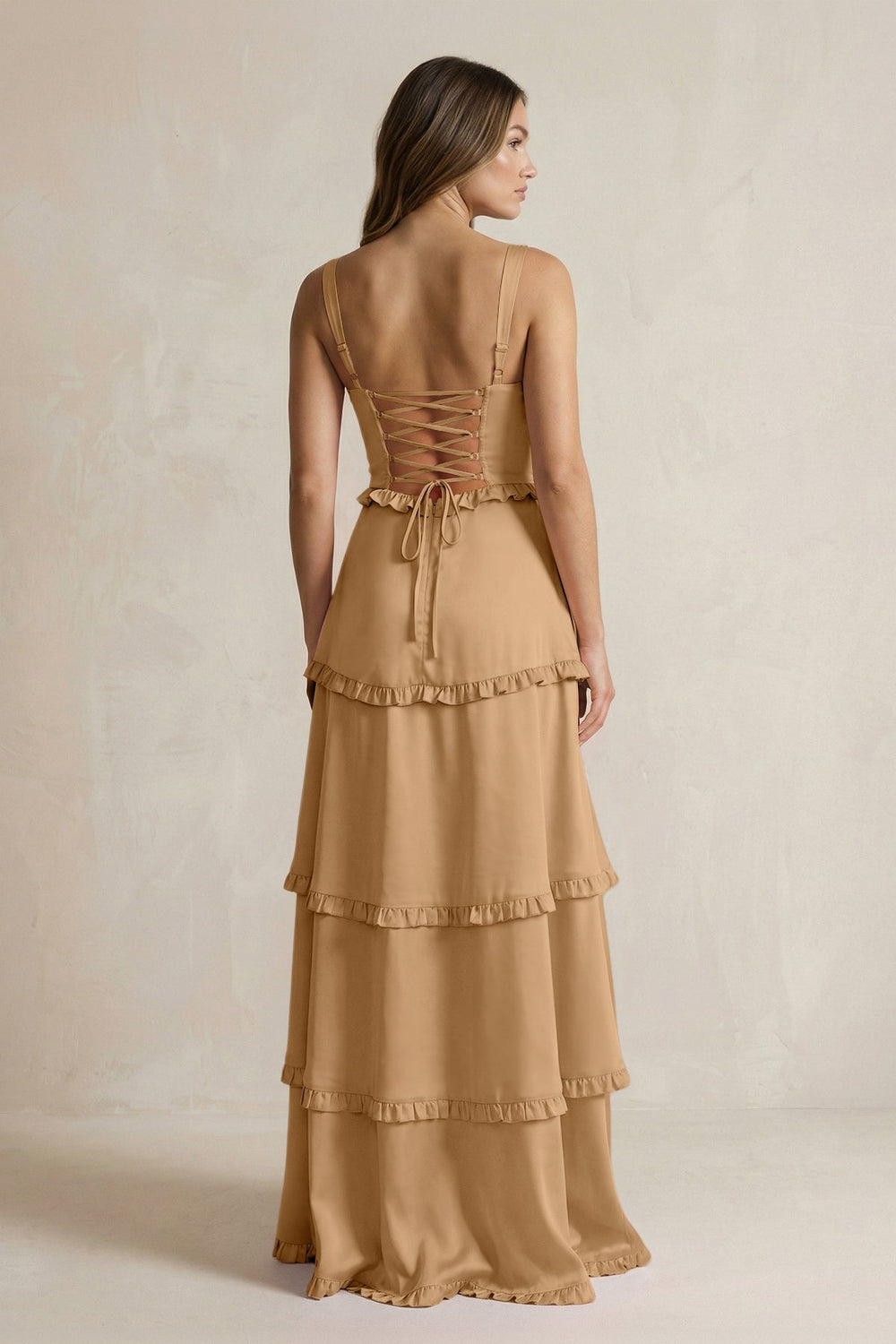 Tiered Ruffled A - Line Bridesmaid Dress With Slit in Bronzer - KISS BRIDAL Bridesmaid Dresses