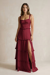 Tiered Ruffled A - Line Bridesmaid Dress With Slit in Burgundy - KISS BRIDAL Bridesmaid Dresses