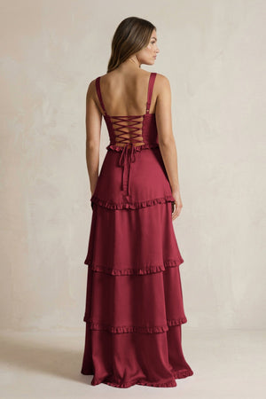 Tiered Ruffled A - Line Bridesmaid Dress With Slit in Burgundy - KISS BRIDAL Bridesmaid Dresses