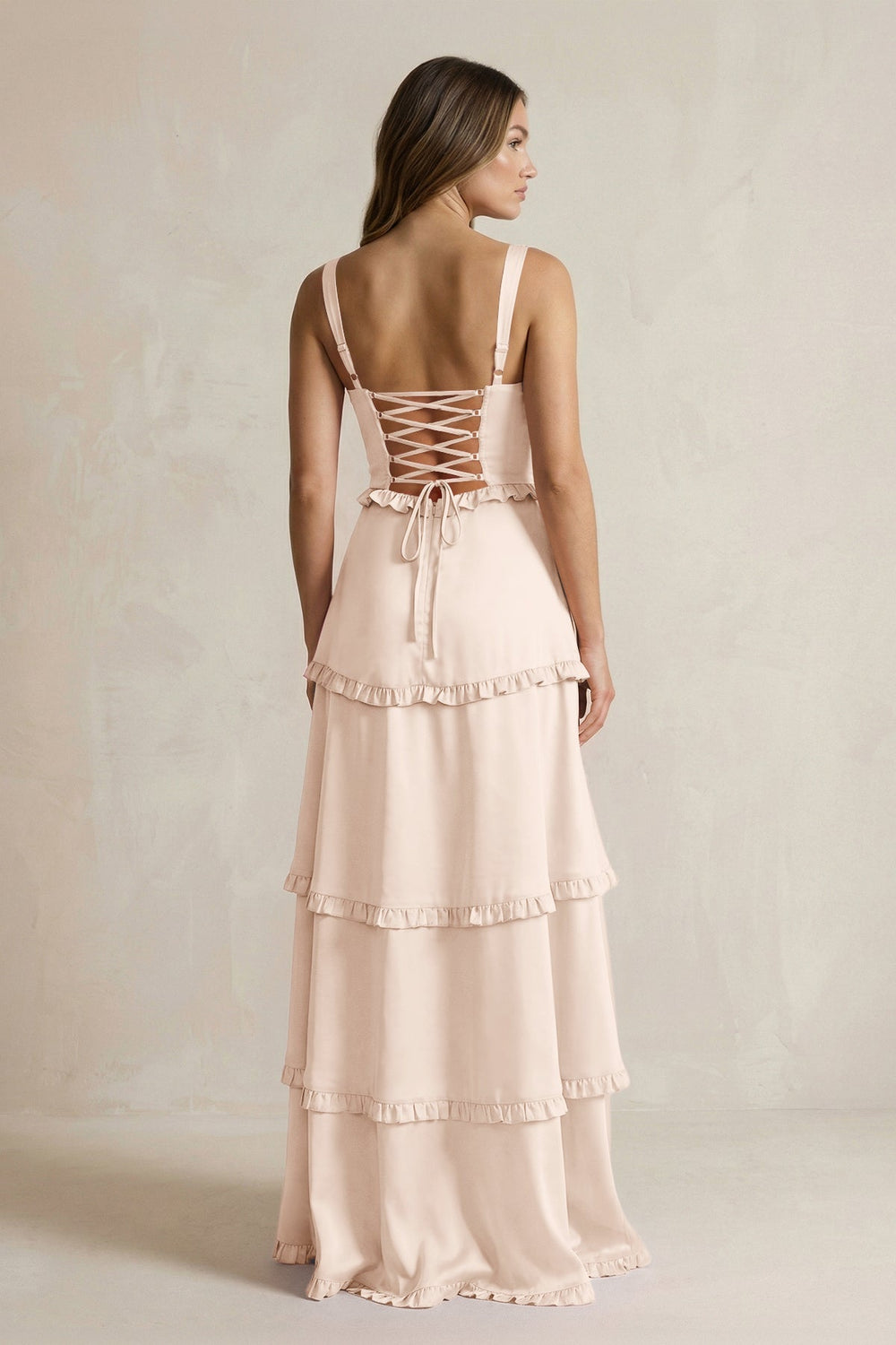 Tiered Ruffled A - Line Bridesmaid Dress With Slit in Buttercream - KISS BRIDAL Bridesmaid Dresses