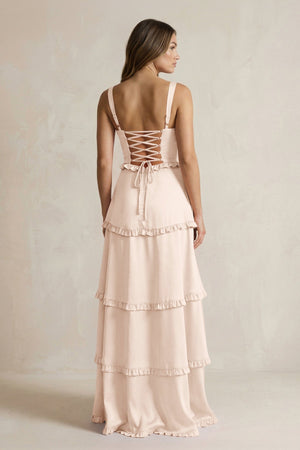 Tiered Ruffled A - Line Bridesmaid Dress With Slit in Buttercream - KISS BRIDAL Bridesmaid Dresses
