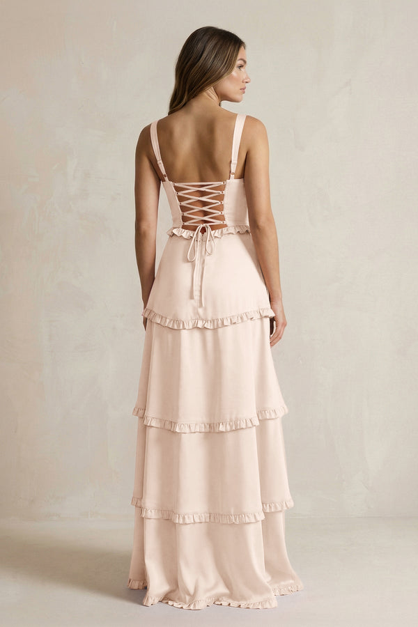 Tiered Ruffled A - Line Bridesmaid Dress With Slit in Buttercream - KISS BRIDAL Bridesmaid Dresses