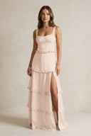 Tiered Ruffled A - Line Bridesmaid Dress With Slit in Buttercream - KISS BRIDAL Bridesmaid Dresses