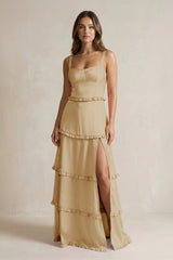 Tiered Ruffled A - Line Bridesmaid Dress With Slit in Champagne - KISS BRIDAL Bridesmaid Dresses