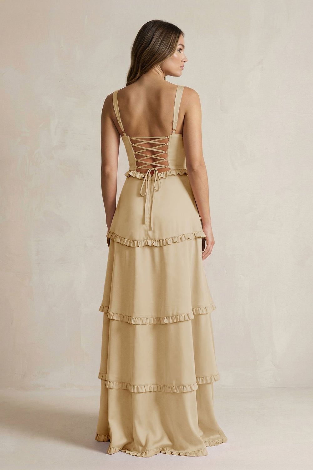 Tiered Ruffled A - Line Bridesmaid Dress With Slit in Champagne - KISS BRIDAL Bridesmaid Dresses