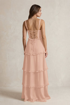 Tiered Ruffled A-Line Bridesmaid Dress With Slit in Champagne Rose (2) | KISSBRIDAL