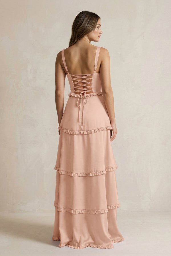 Tiered Ruffled A - Line Bridesmaid Dress With Slit in Champagne Rose - KISS BRIDAL Bridesmaid Dresses
