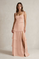 Tiered Ruffled A-Line Bridesmaid Dress With Slit in Champagne Rose | KISSBRIDAL