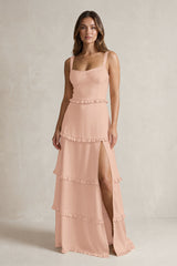 Tiered Ruffled A-Line Bridesmaid Dress With Slit in Champagne Rose | KISSBRIDAL