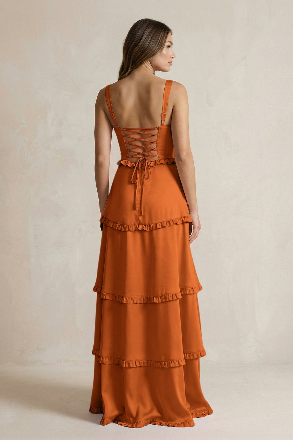 Tiered Ruffled A - Line Bridesmaid Dress With Slit in Cinnamon - KISS BRIDAL Bridesmaid Dresses
