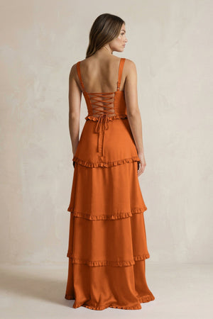Tiered Ruffled A - Line Bridesmaid Dress With Slit in Cinnamon - KISS BRIDAL Bridesmaid Dresses