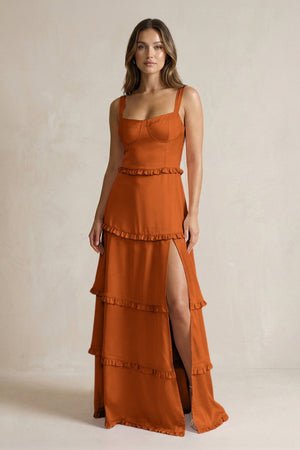Tiered Ruffled A - Line Bridesmaid Dress With Slit in Cinnamon - KISS BRIDAL Bridesmaid Dresses