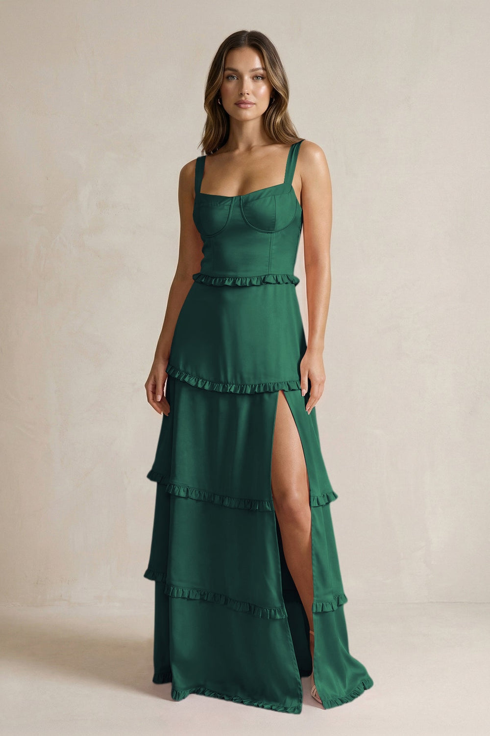 Tiered Ruffled A - Line Bridesmaid Dress With Slit in Dark Green - KISS BRIDAL Bridesmaid Dresses