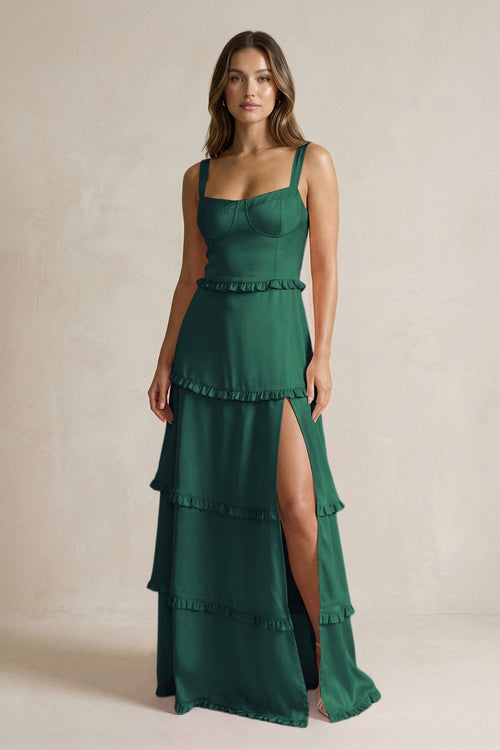 Tiered Ruffled A - Line Bridesmaid Dress With Slit in Dark Green - KISS BRIDAL Bridesmaid Dresses