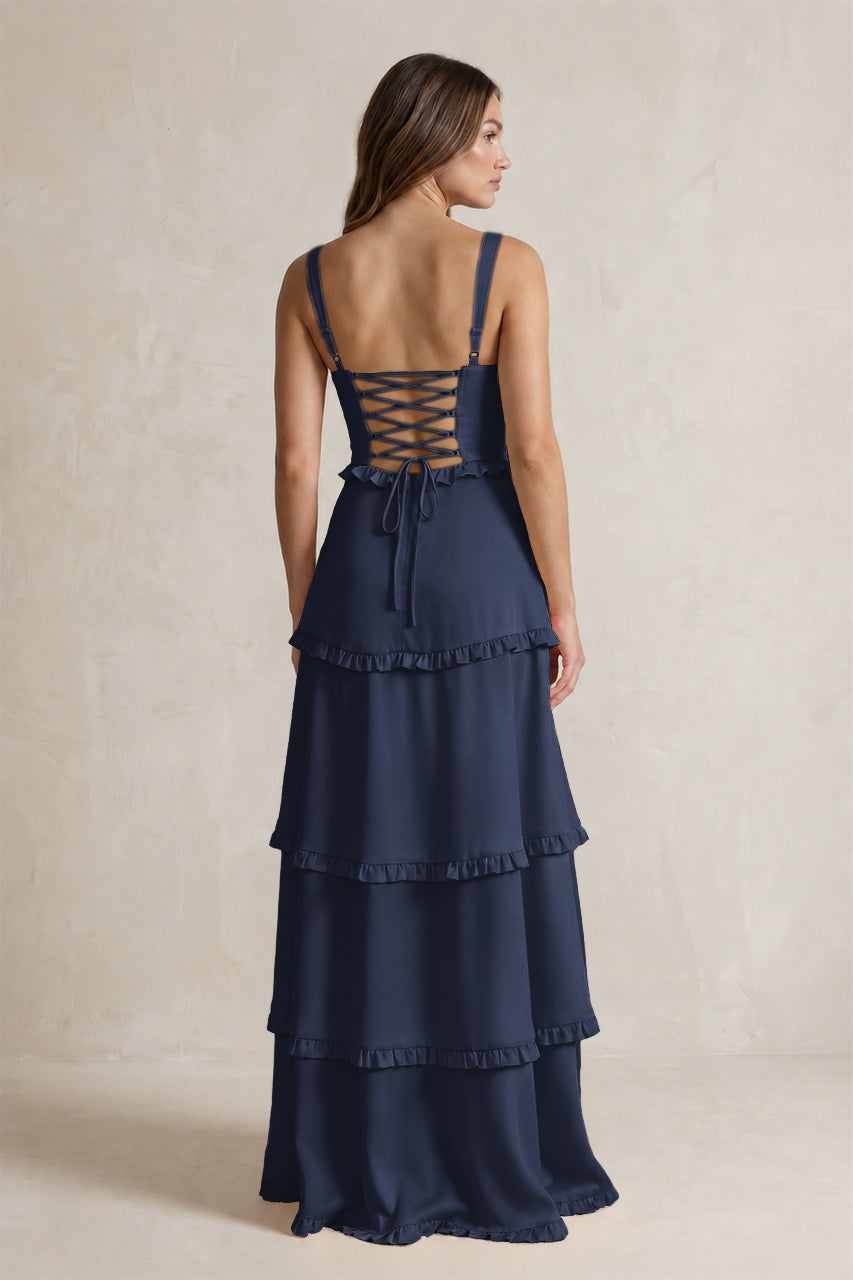 Tiered Ruffled A-Line Bridesmaid Dress With Slit in Dark Navy