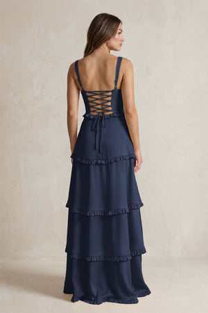 Tiered Ruffled A-Line Bridesmaid Dress With Slit in Dark Navy (2) | KISSBRIDAL