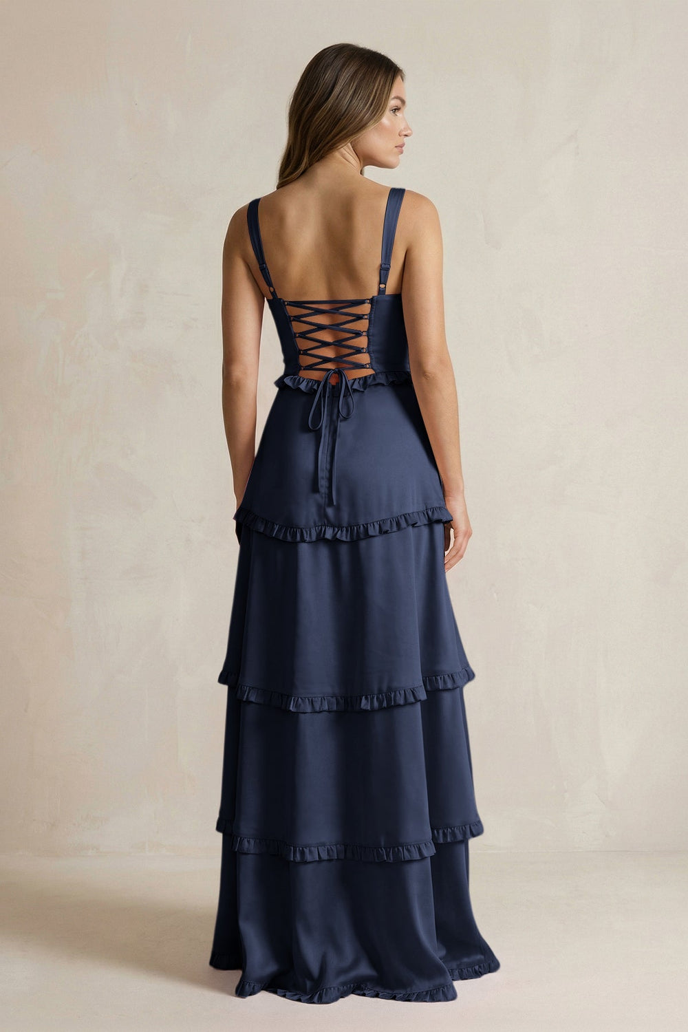 Tiered Ruffled A - Line Bridesmaid Dress With Slit in Dark Navy - KISS BRIDAL Bridesmaid Dresses