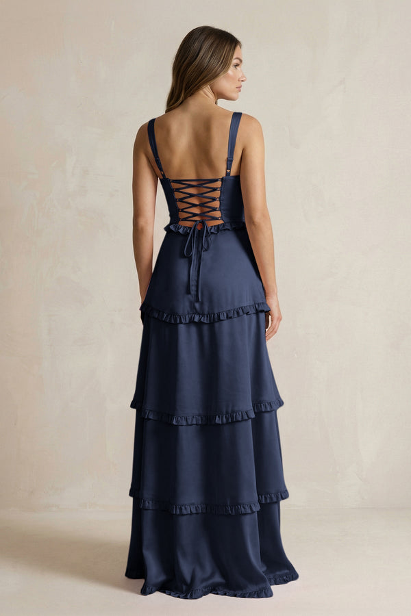 Tiered Ruffled A - Line Bridesmaid Dress With Slit in Dark Navy - KISS BRIDAL Bridesmaid Dresses